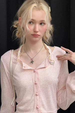 Bell-Sleeved Pink Knitted Cardigan