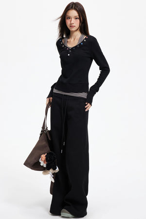 Big V-Neck Knitted Sweater Set-Up