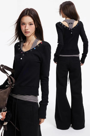 Big V-Neck Knitted Sweater Set-Up