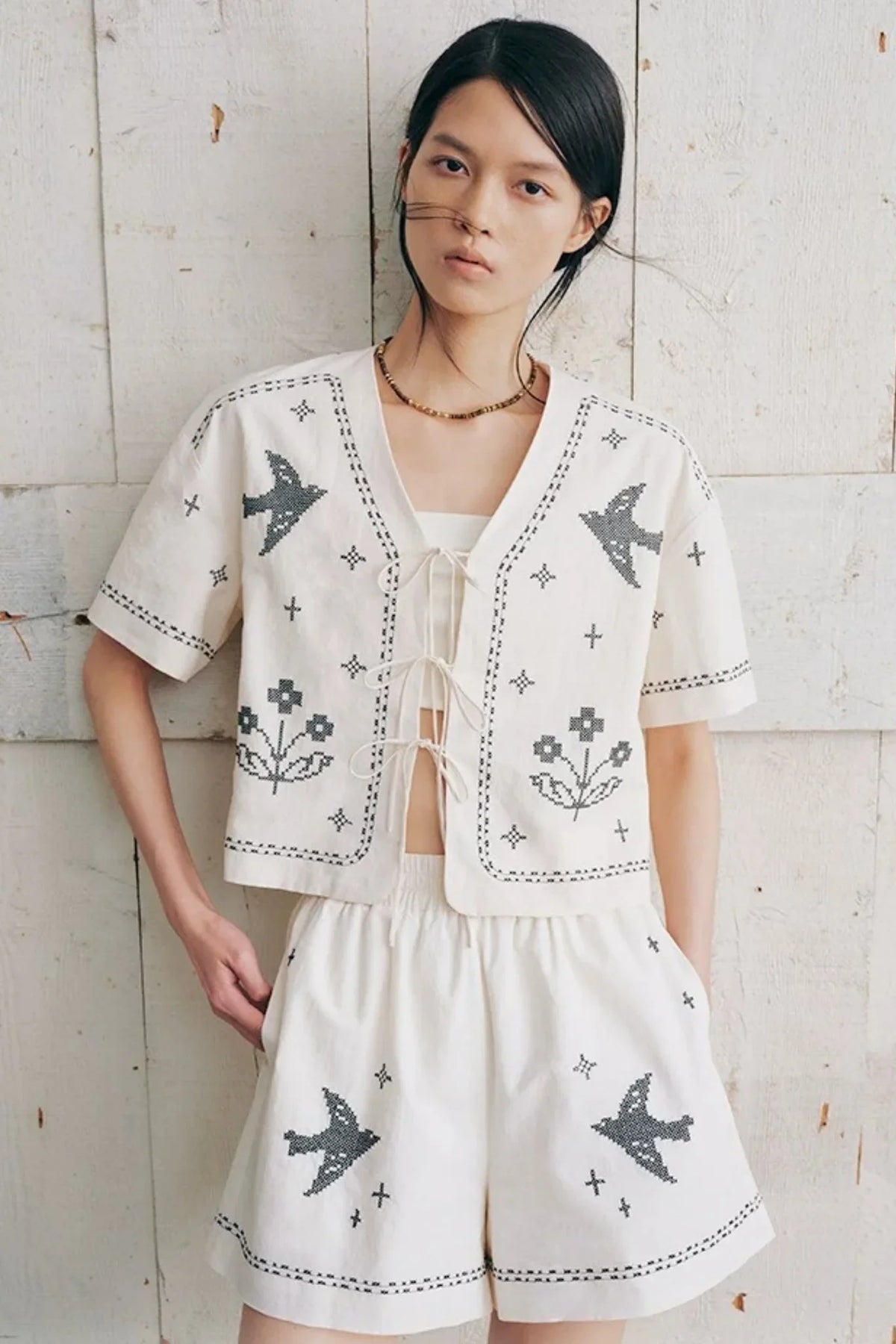 Bird Embroidered Cotton Linen Cardigan Set-Up