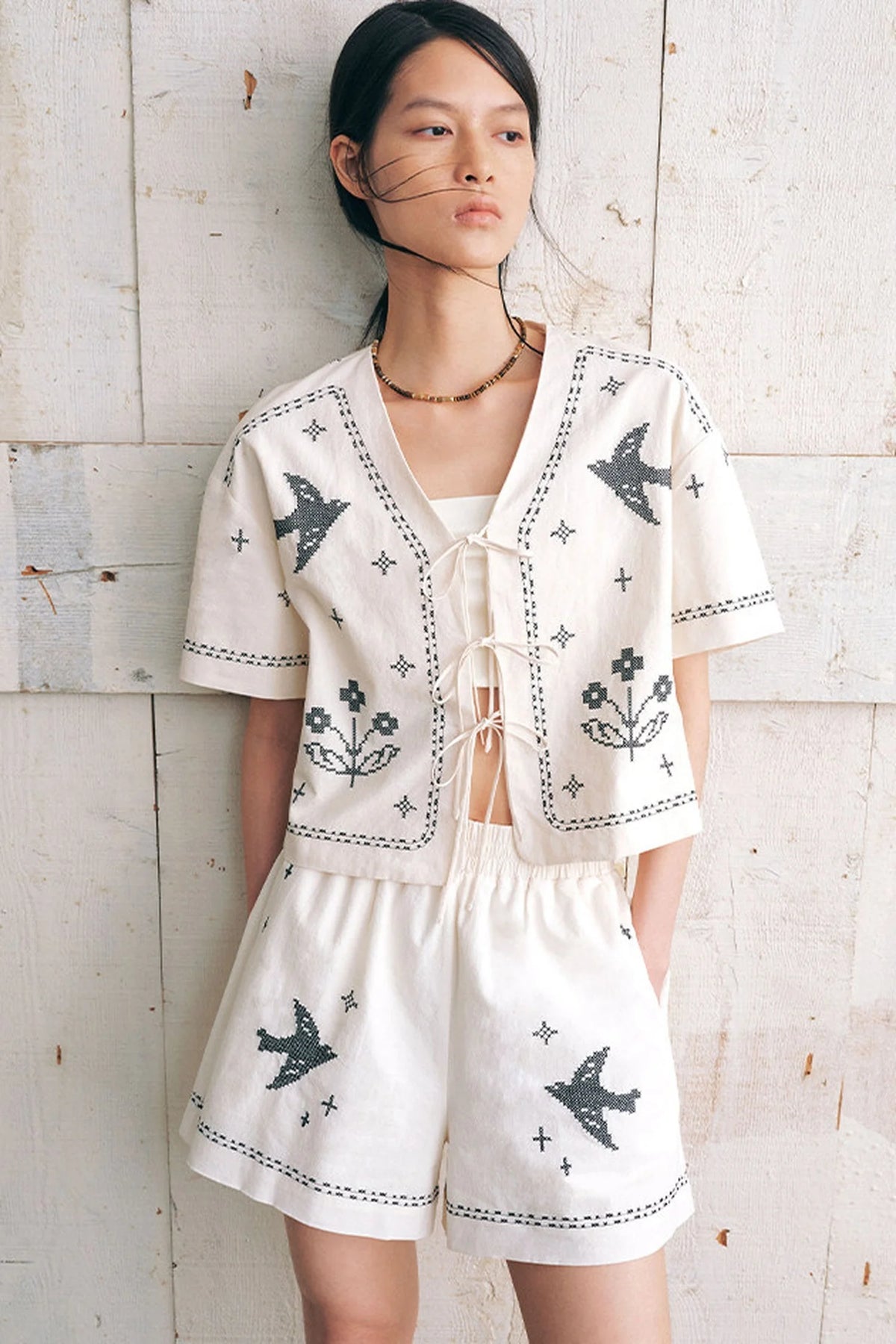 Bird Embroidered Cotton Linen Cardigan Set-Up