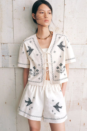 Bird Embroidered Cotton Linen Cardigan Set-Up