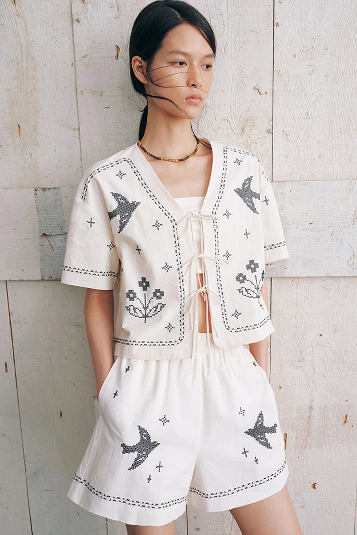 Bird Embroidered Cotton Linen Cardigan Set-Up