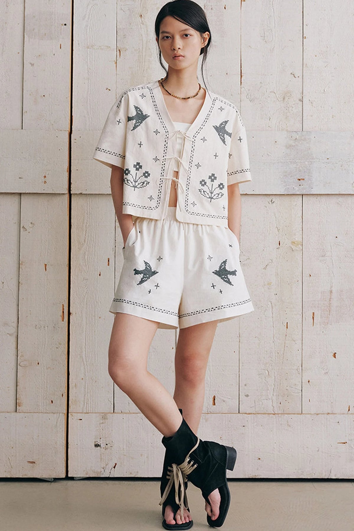 Bird Embroidered Cotton Linen Cardigan Set-Up