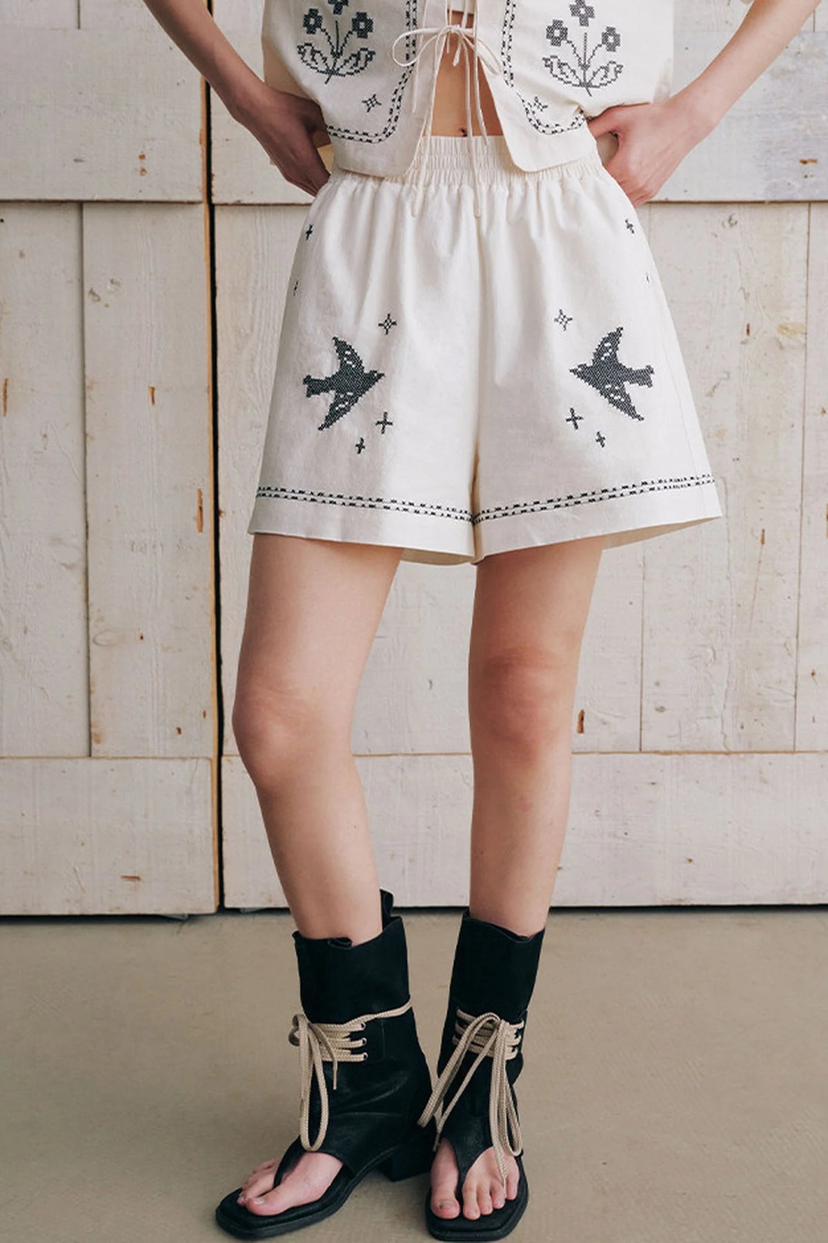 Bird Embroidered Cotton Linen Cardigan Set-Up