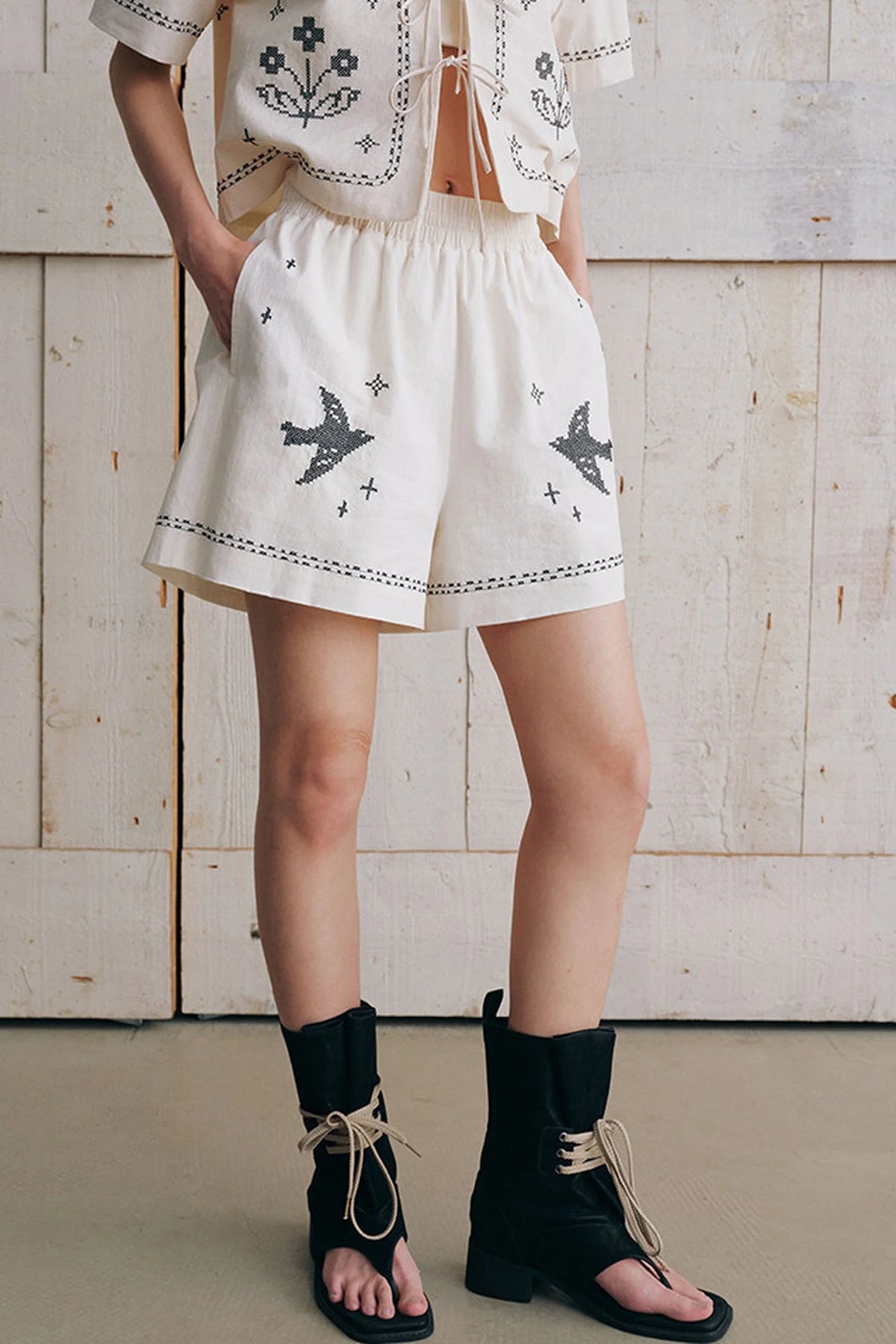 Bird Embroidered Cotton Linen Cardigan Set-Up