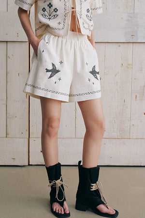 Bird Embroidered Cotton Linen Cardigan Set-Up