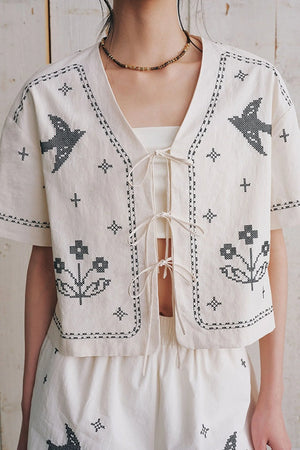Bird Embroidered Cotton Linen Cardigan Set-Up