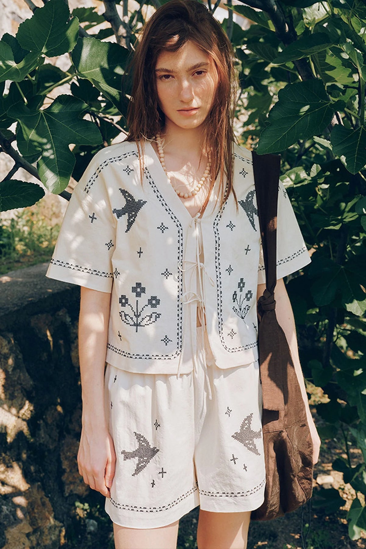 Bird Embroidered Cotton Linen Cardigan Set-Up