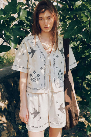 Bird Embroidered Cotton Linen Cardigan Set-Up