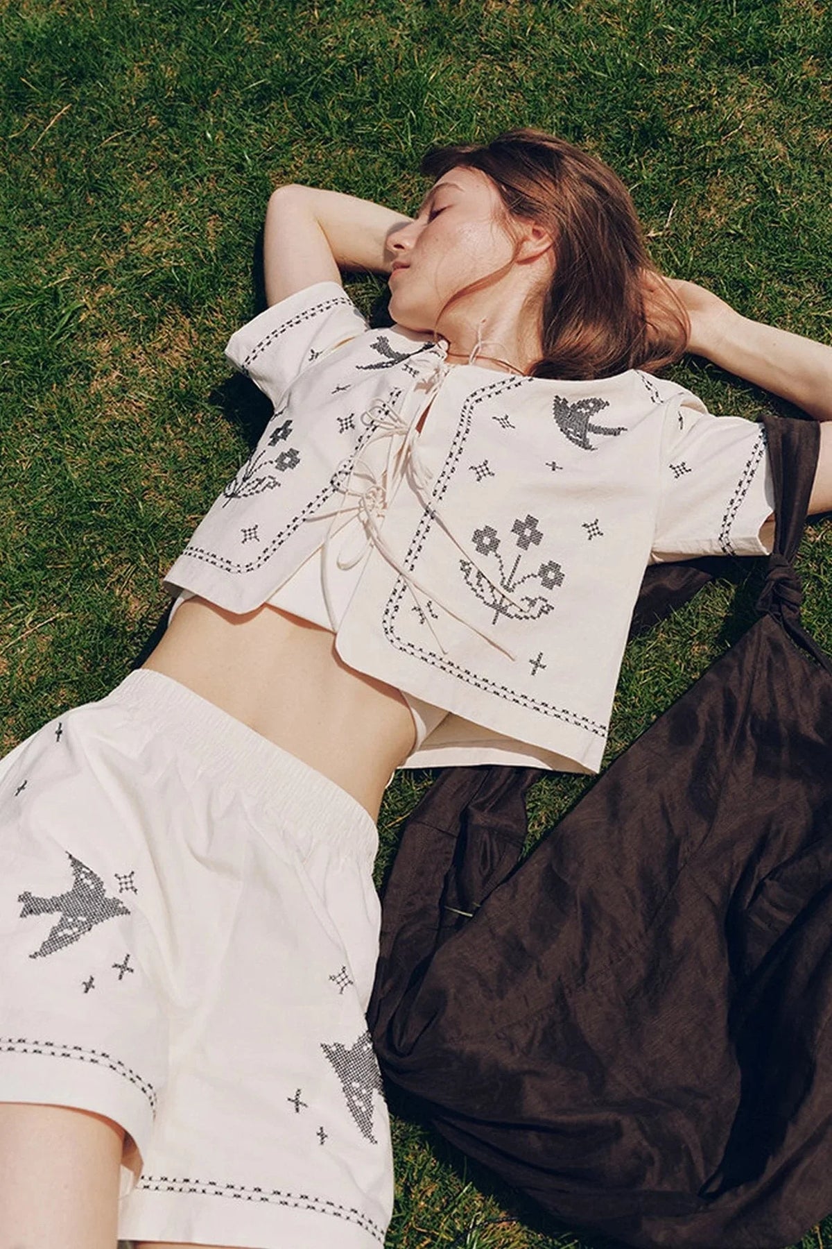 Bird Embroidered Cotton Linen Cardigan Set-Up
