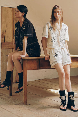 Bird Embroidered Cotton Linen Cardigan Set-Up