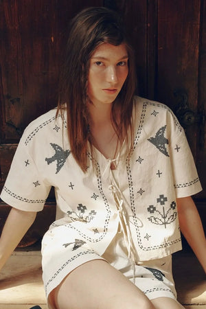 Bird Embroidered Cotton Linen Cardigan Set-Up