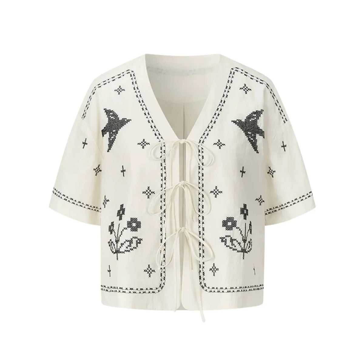 Bird Embroidered Cotton Linen Cardigan Set-Up