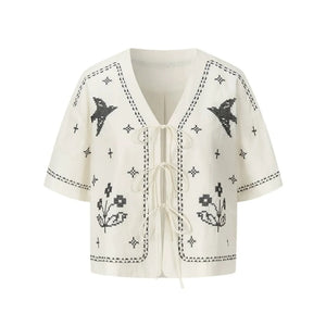 Bird Embroidered Cotton Linen Cardigan Set-Up