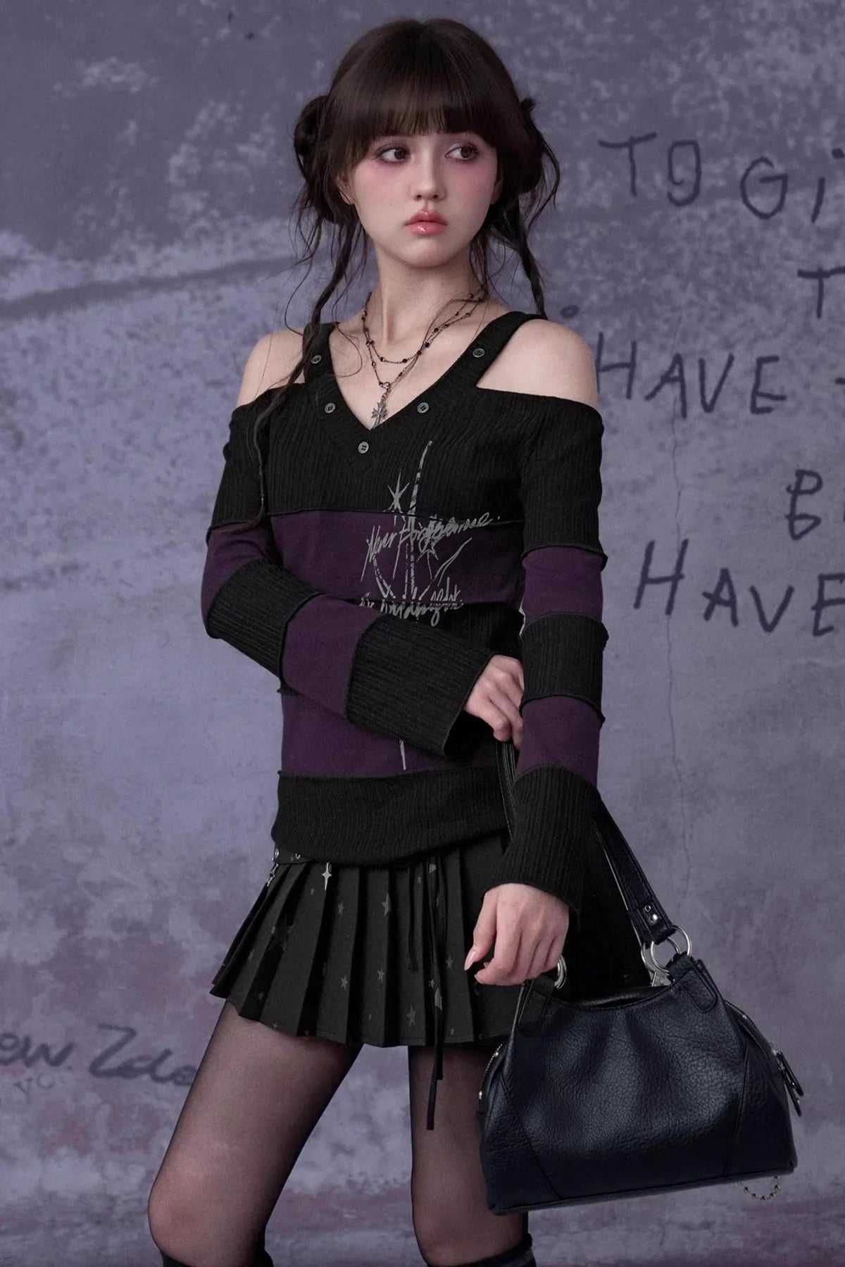 Black and Purple Off-Shoulder Knit Top