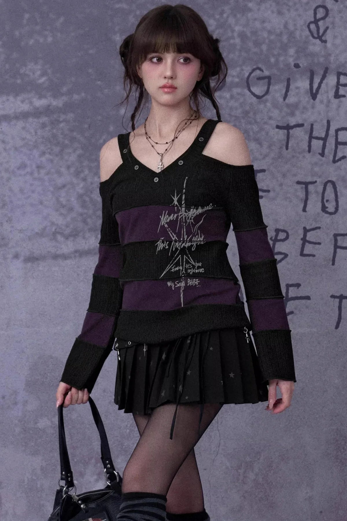 Black and Purple Off-Shoulder Knit Top