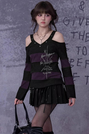 Black and Purple Off-Shoulder Knit Top