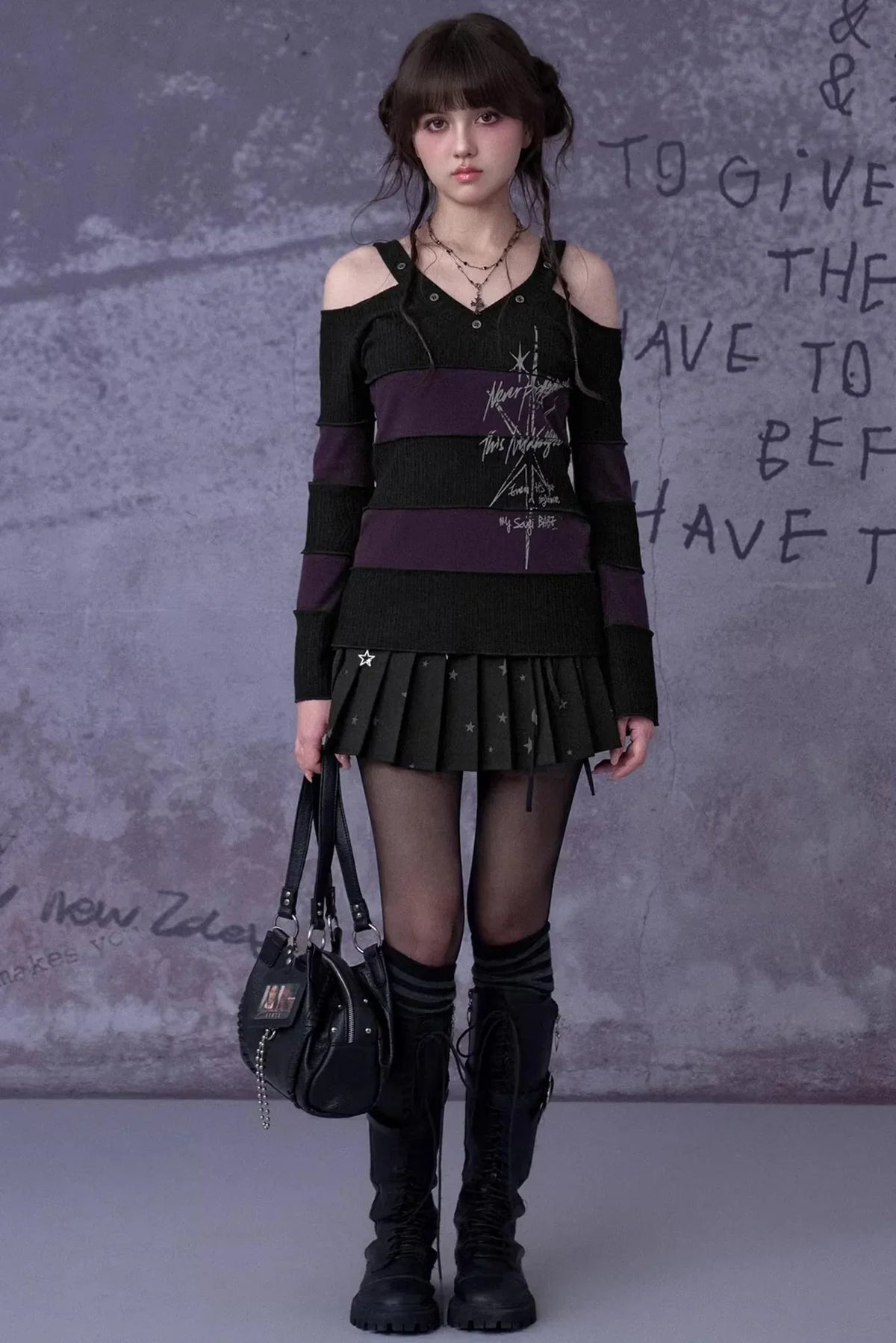 Black and Purple Off-Shoulder Knit Top