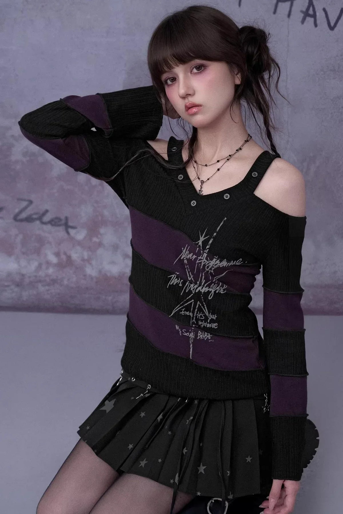 Black and Purple Off-Shoulder Knit Top
