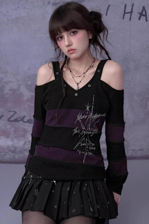 Black and Purple Off-Shoulder Knit Top