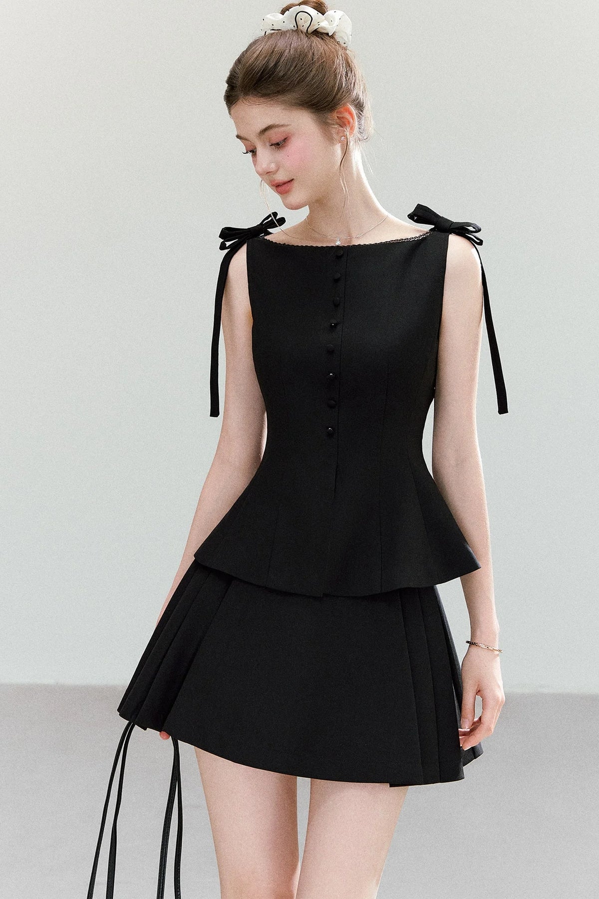 Black Bow-Strap Peplum Top, Pleated Skirt and Pants Set-Up