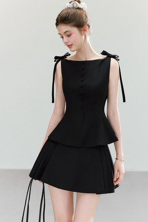 Black Bow-Strap Peplum Top, Pleated Skirt and Pants Set-Up