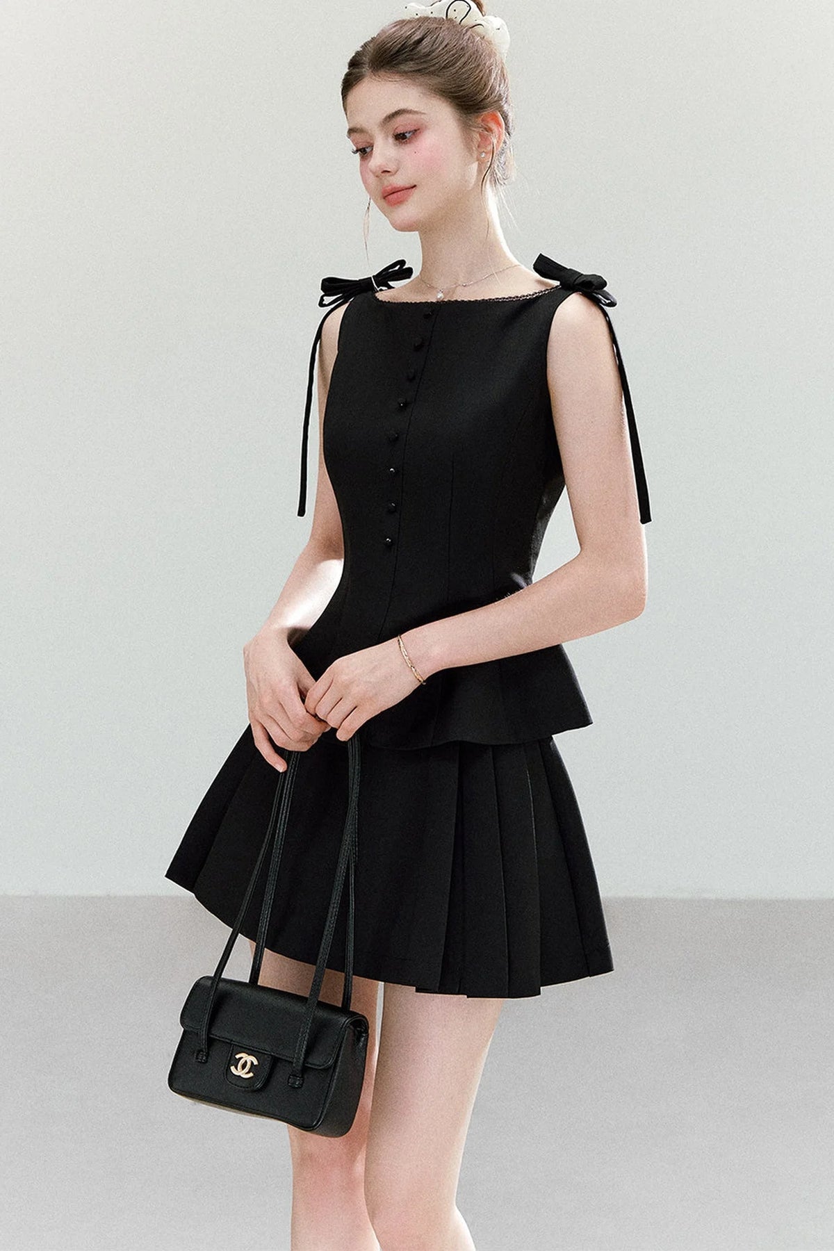 Black Bow-Strap Peplum Top, Pleated Skirt and Pants Set-Up