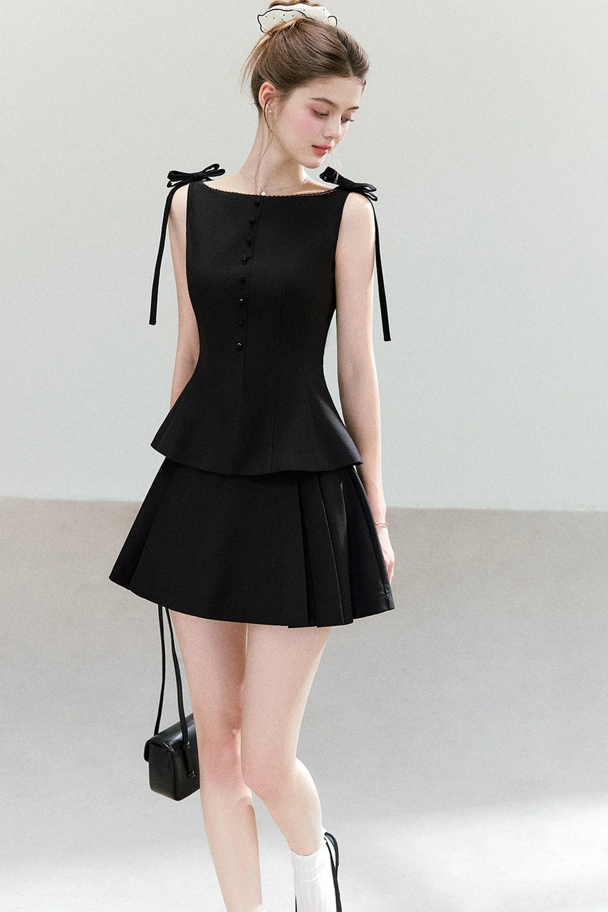 Black Bow-Strap Peplum Top, Pleated Skirt and Pants Set-Up
