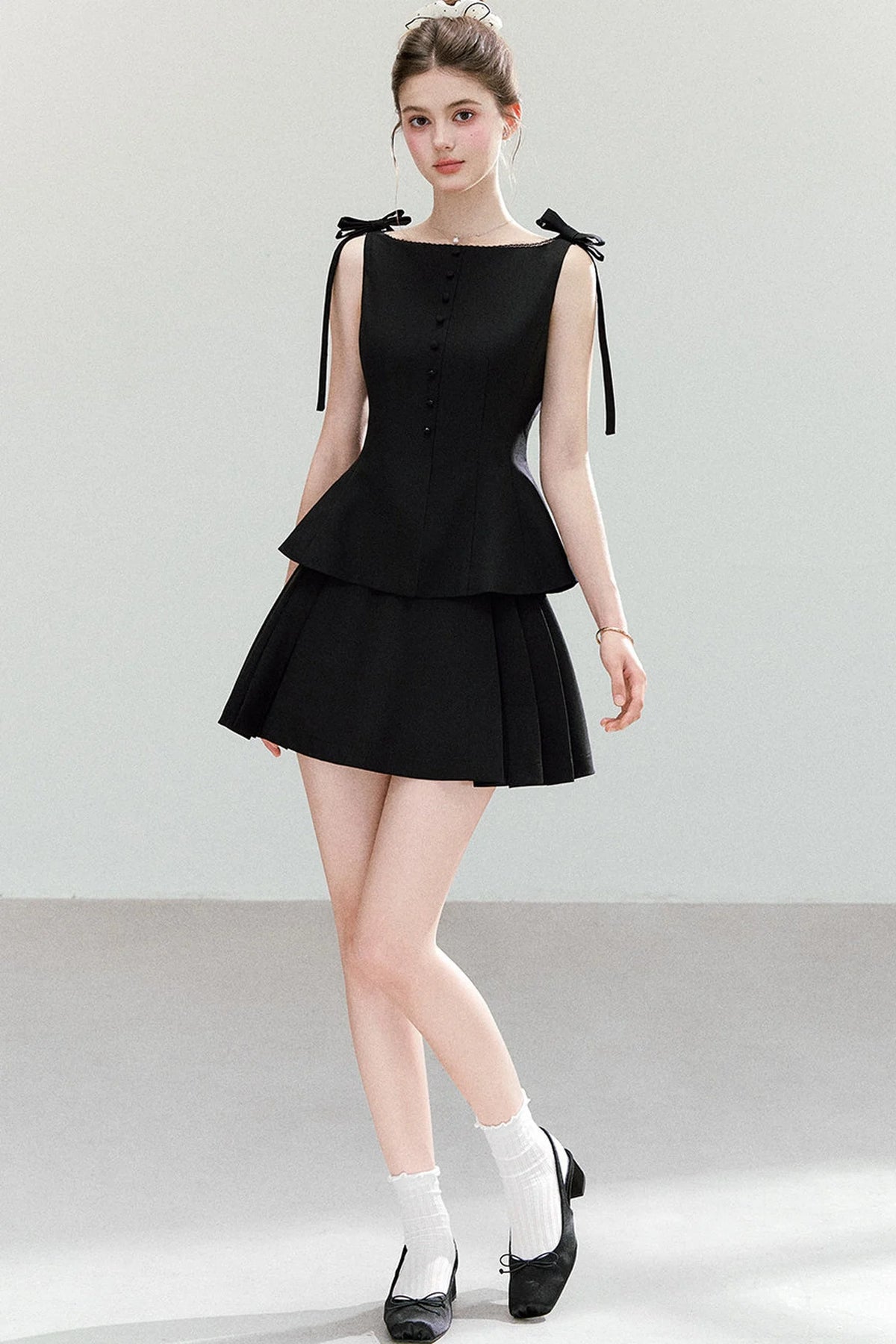 Black Bow-Strap Peplum Top, Pleated Skirt and Pants Set-Up