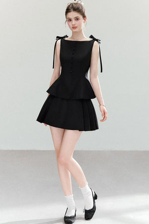 Black Bow-Strap Peplum Top, Pleated Skirt and Pants Set-Up