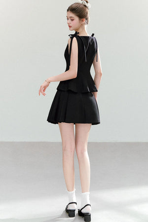 Black Bow-Strap Peplum Top, Pleated Skirt and Pants Set-Up