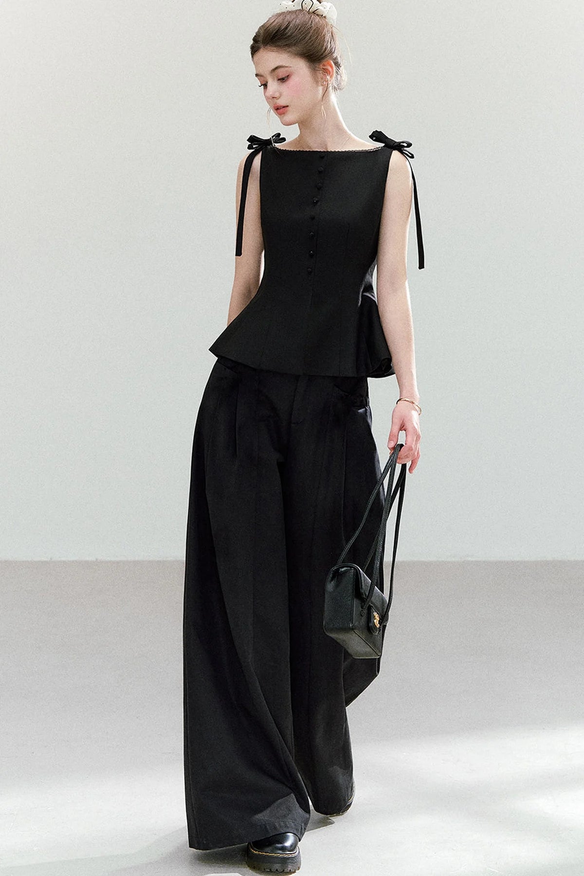 Black Bow-Strap Peplum Top, Pleated Skirt and Pants Set-Up