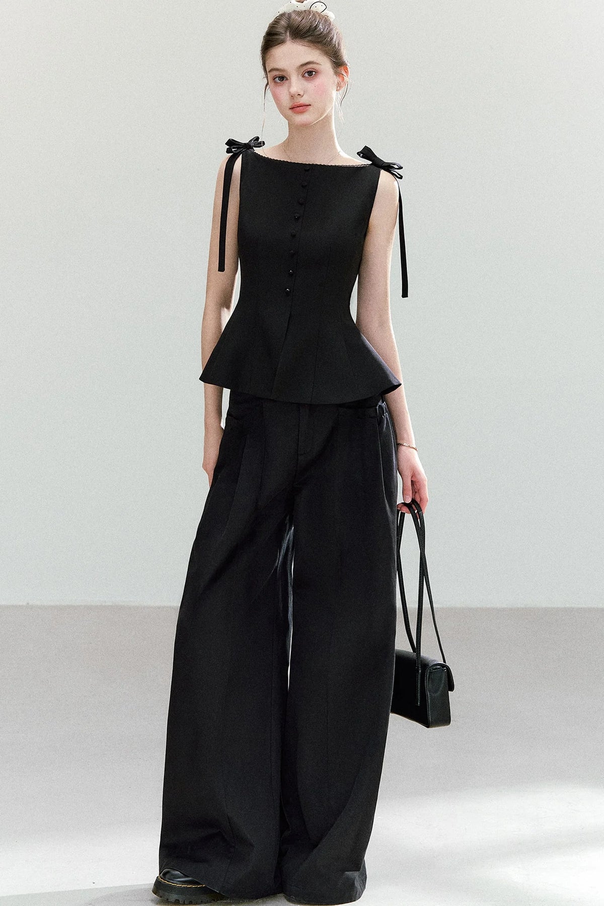 Black Bow-Strap Peplum Top, Pleated Skirt and Pants Set-Up