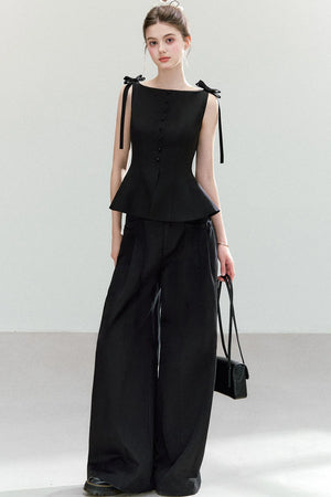Black Bow-Strap Peplum Top, Pleated Skirt and Pants Set-Up