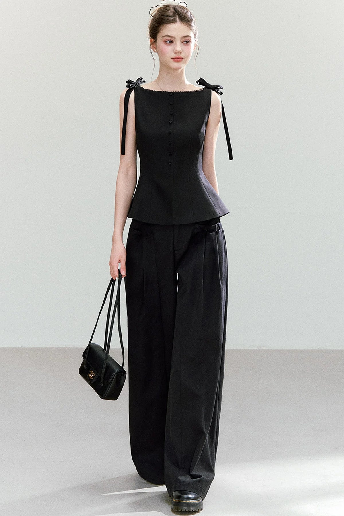 Black Bow-Strap Peplum Top, Pleated Skirt and Pants Set-Up