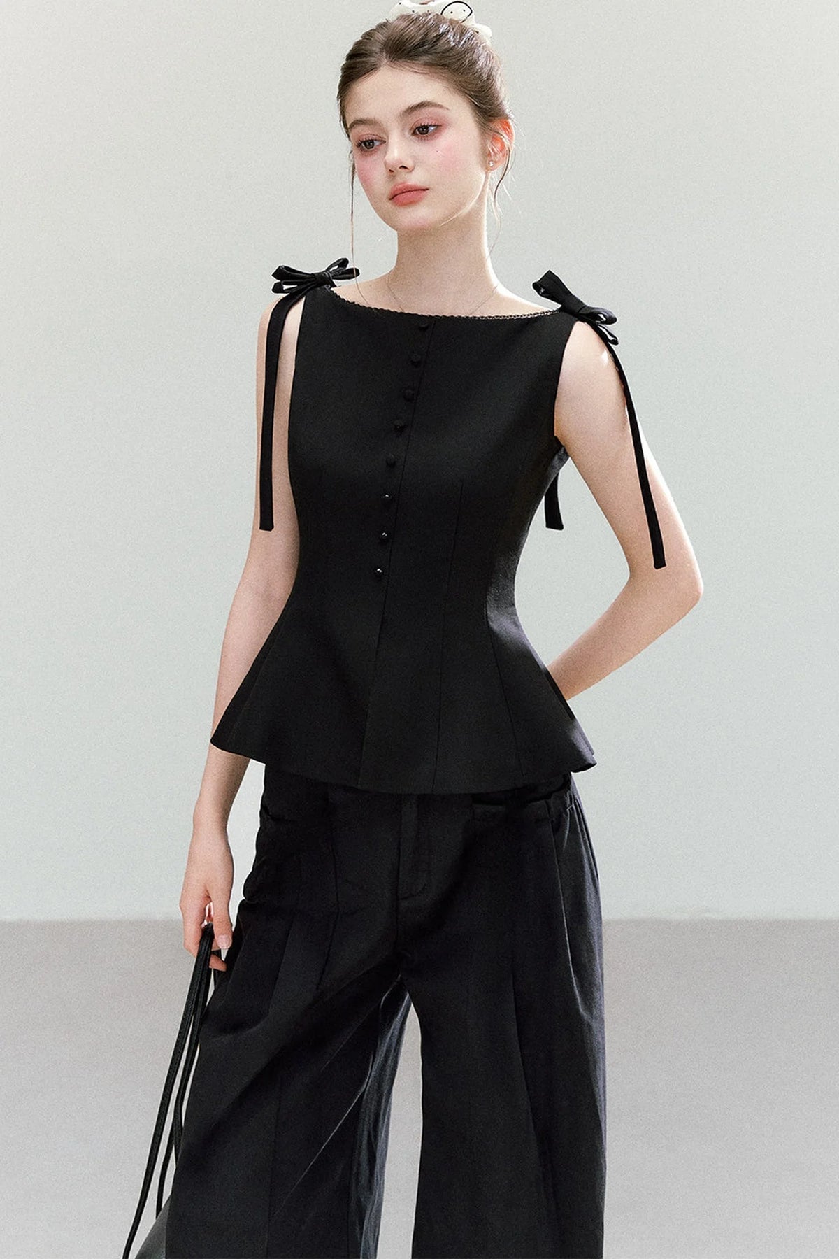 Black Bow-Strap Peplum Top, Pleated Skirt and Pants Set-Up