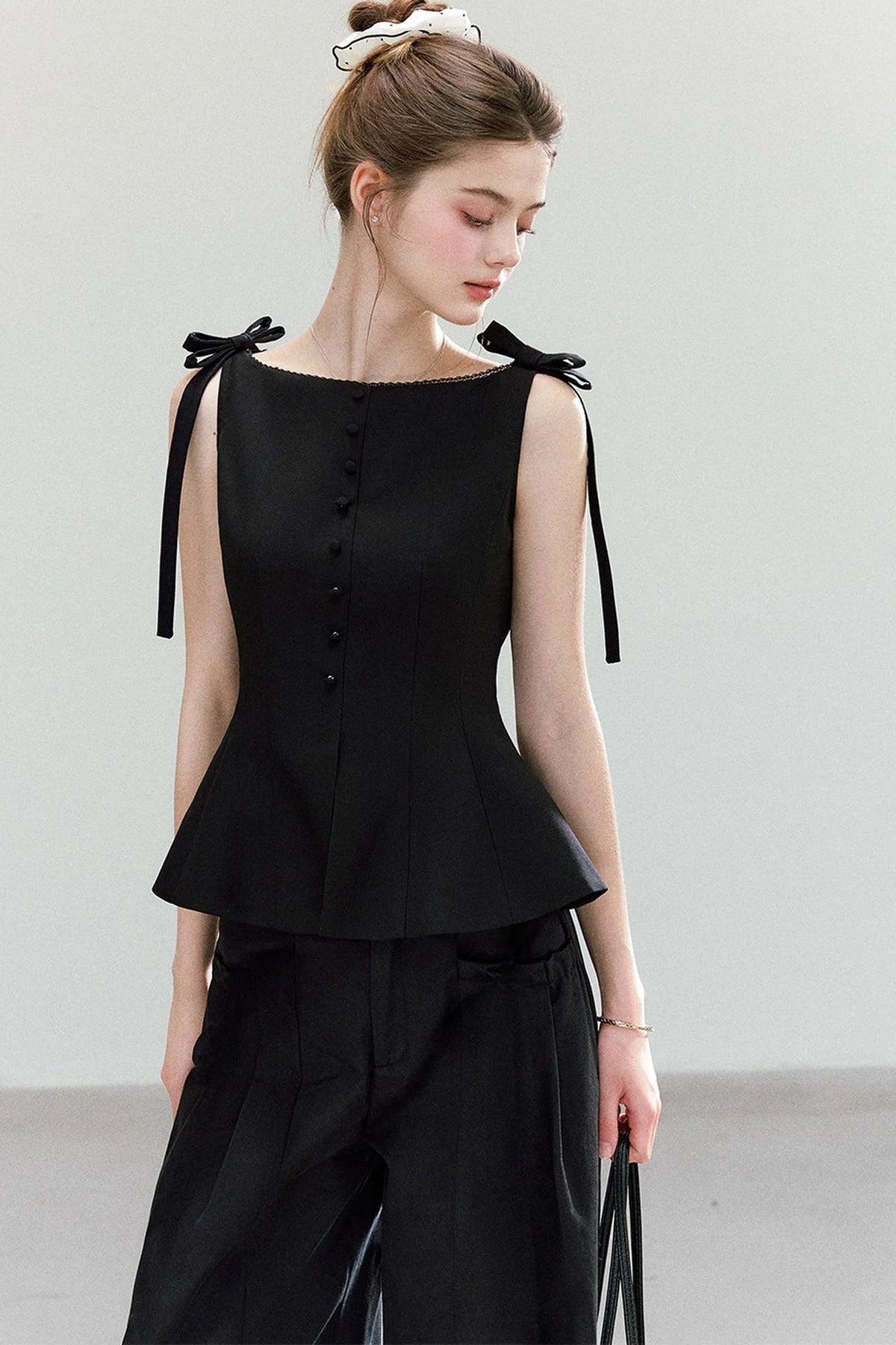 Black Bow-Strap Peplum Top, Pleated Skirt and Pants Set-Up