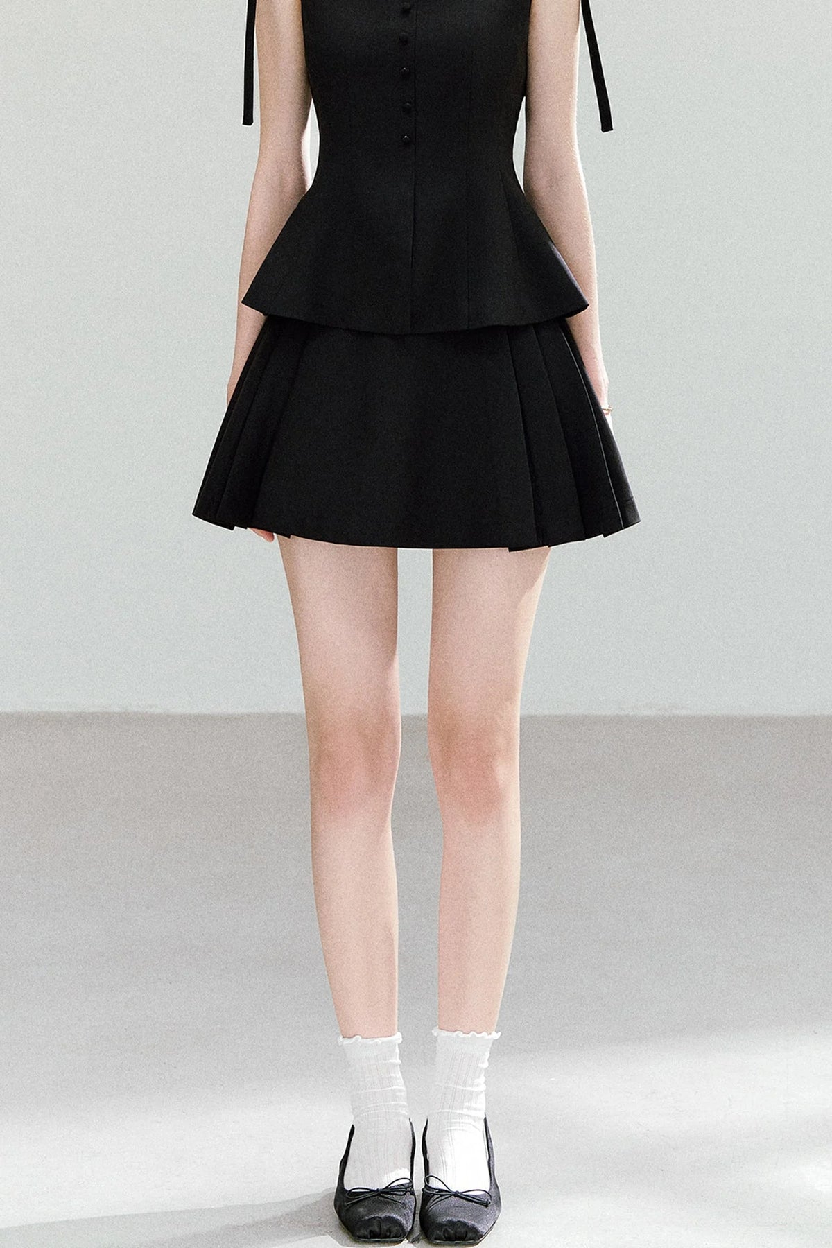 Black Bow-Strap Peplum Top, Pleated Skirt and Pants Set-Up