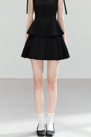 Black Bow-Strap Peplum Top, Pleated Skirt and Pants Set-Up