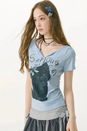 Black Cat V-Neck T-Shirt