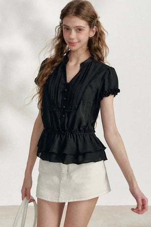 Black Chiffon Short-Sleeve Blouse
