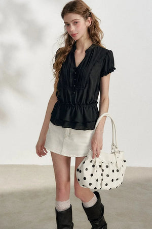 Black Chiffon Short-Sleeve Blouse