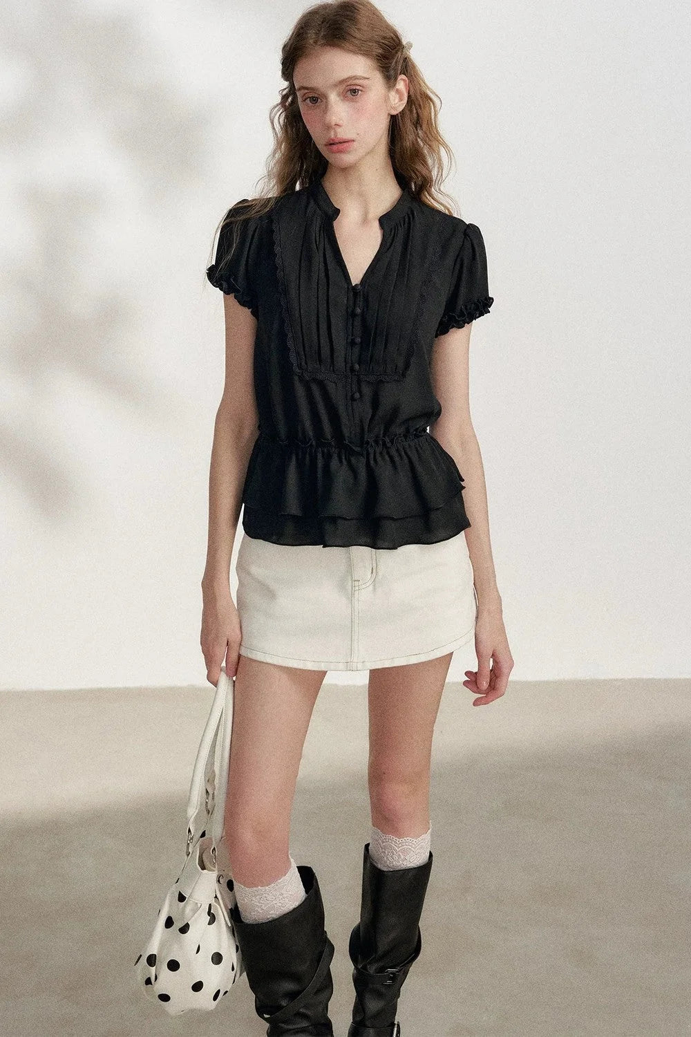 Black Chiffon Short-Sleeve Blouse