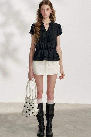 Black Chiffon Short-Sleeve Blouse