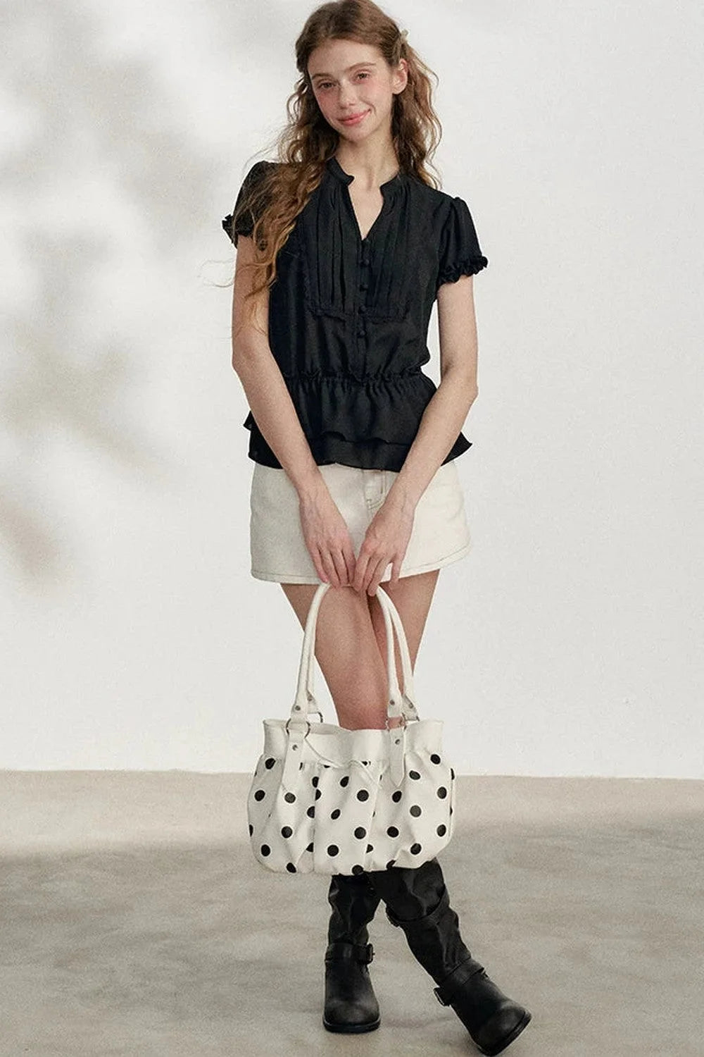 Black Chiffon Short-Sleeve Blouse