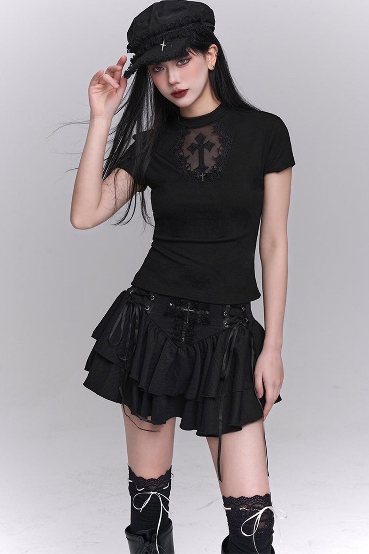 Black Cross Lace Short Sleeve T-Shirt