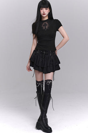 Black Cross Lace Short Sleeve T-Shirt