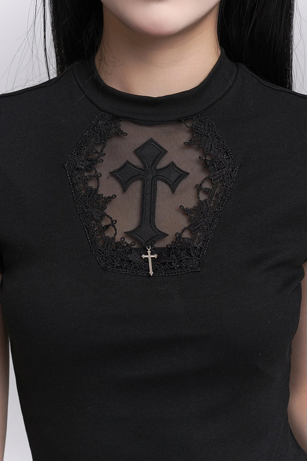 Black Cross Lace Short Sleeve T-Shirt