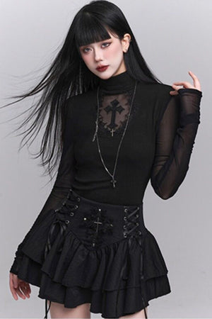 Black Cross Lace Short Sleeve T-Shirt